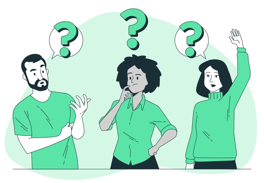Illustration von drei Personen, die Fragen stellen oder nachdenken. Eine Person gestikuliert, eine andere denkt nach, und eine dritte hebt die Hand, alle mit Fragezeichen über ihren Köpfen, auf einem grünen Hintergrund.